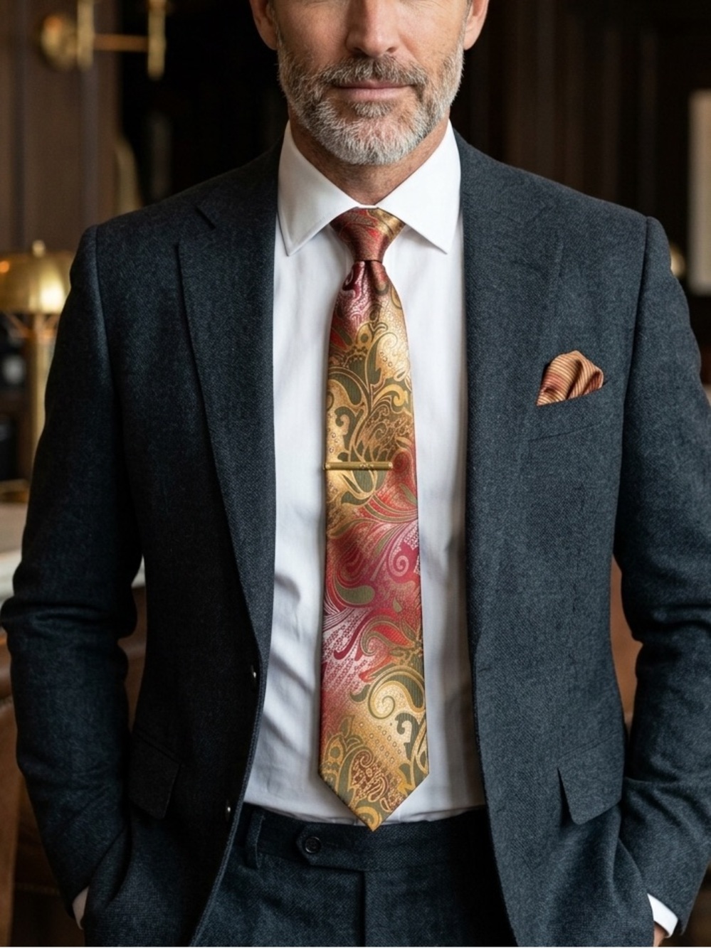 Stacy Adams Gold and Red Paisley Silk Tie
